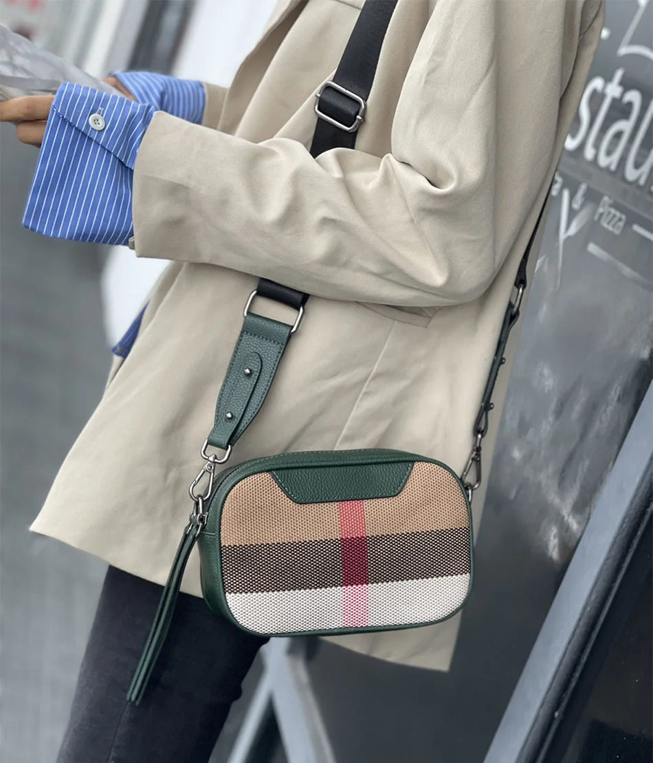 Genuine Leather Women Bag Small Canvas Cross body Wide Strap Trendy Square Designer Luxury Sling Shoulder bag