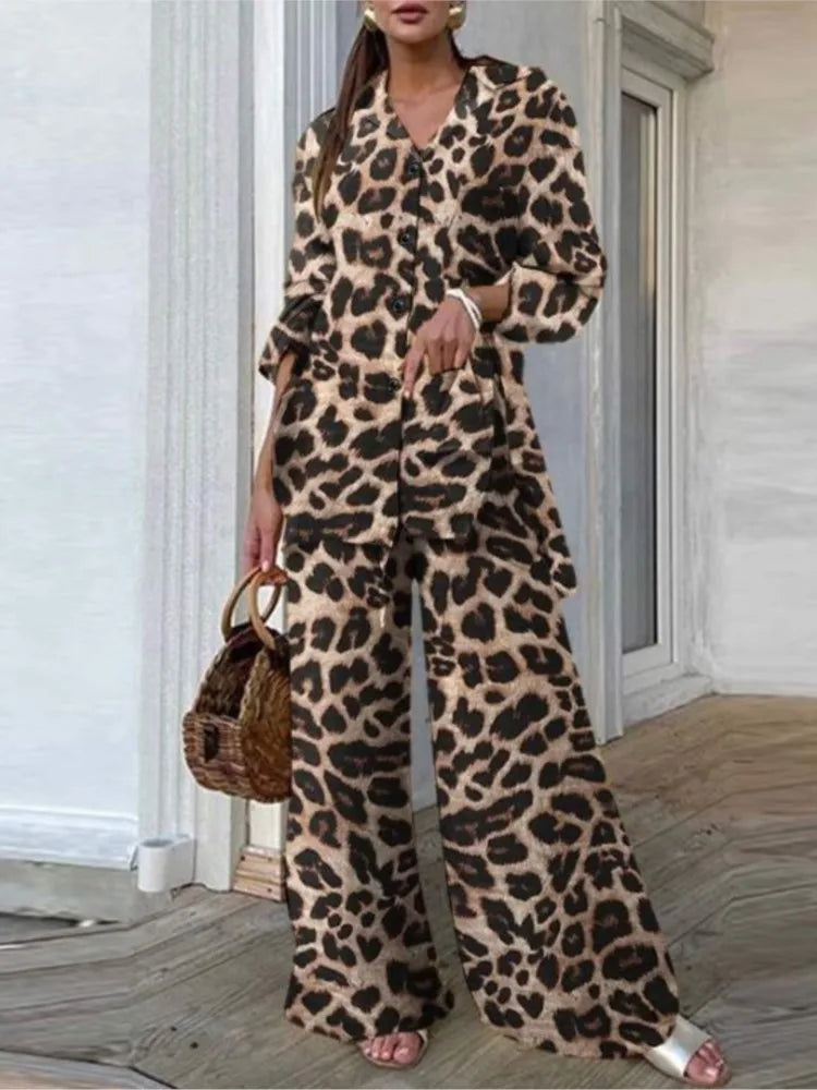 Long-sleeved V-neck Button-up Shirt + Wide-leg Pants 2 Piece Set For Women Autumn Leopard Print Loose Casual Suit.  SZ: S-3X