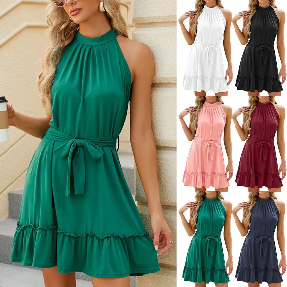 Summer Elegant Women's Dress Solid Colour Halterneck Tunic Fashion Casual Pleated Mini Dress.  S-xxL