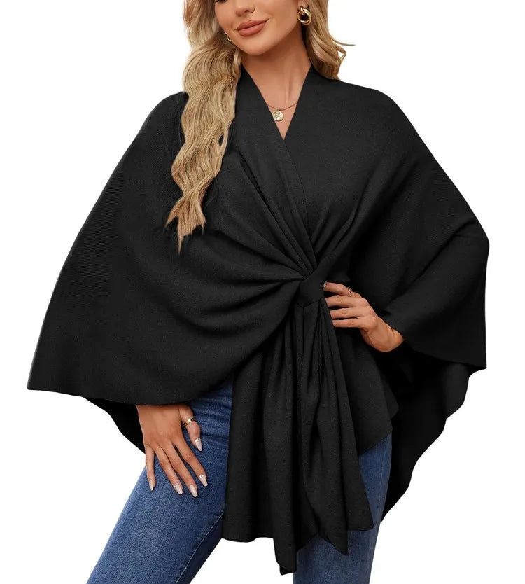 Women's Trendy Autumn And Winter Loose Elegant Shawl Wrap Casual Solid Colour Soft Open Front Poncho.