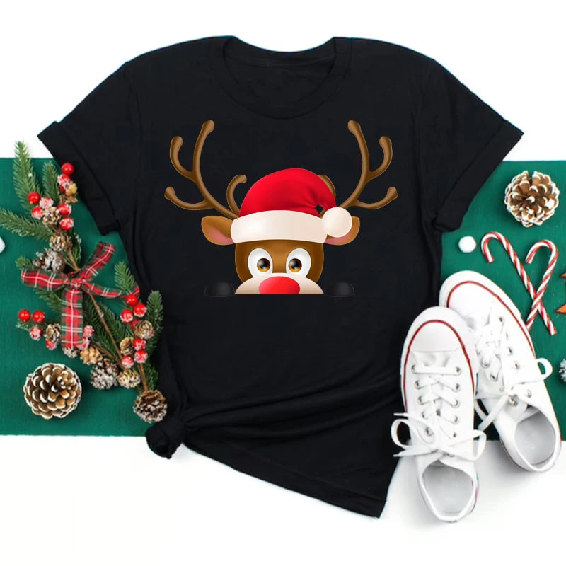 Women's Kawaii Christmas Top - Santa Claus & Deer O-Neck Y2K T-Shirt.  S-3X