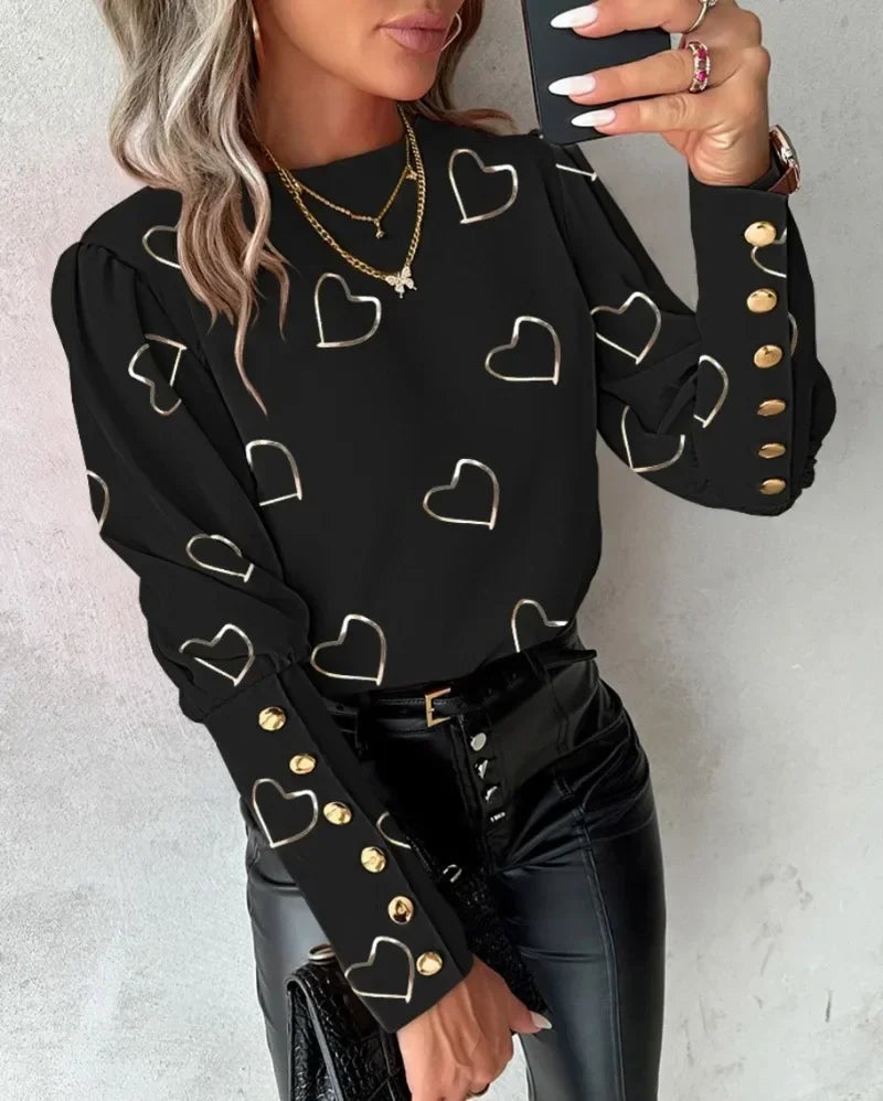 Women's Fashionable Heart Printed Long Sleeved Top with Round Neck Button Casual Blouse.  S-xxl