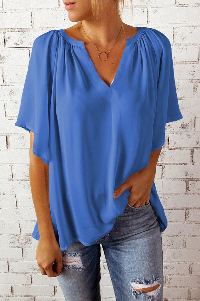 Summer New Loose V-neck Top Casual Women's Chiffon Shirt.  S-2XL