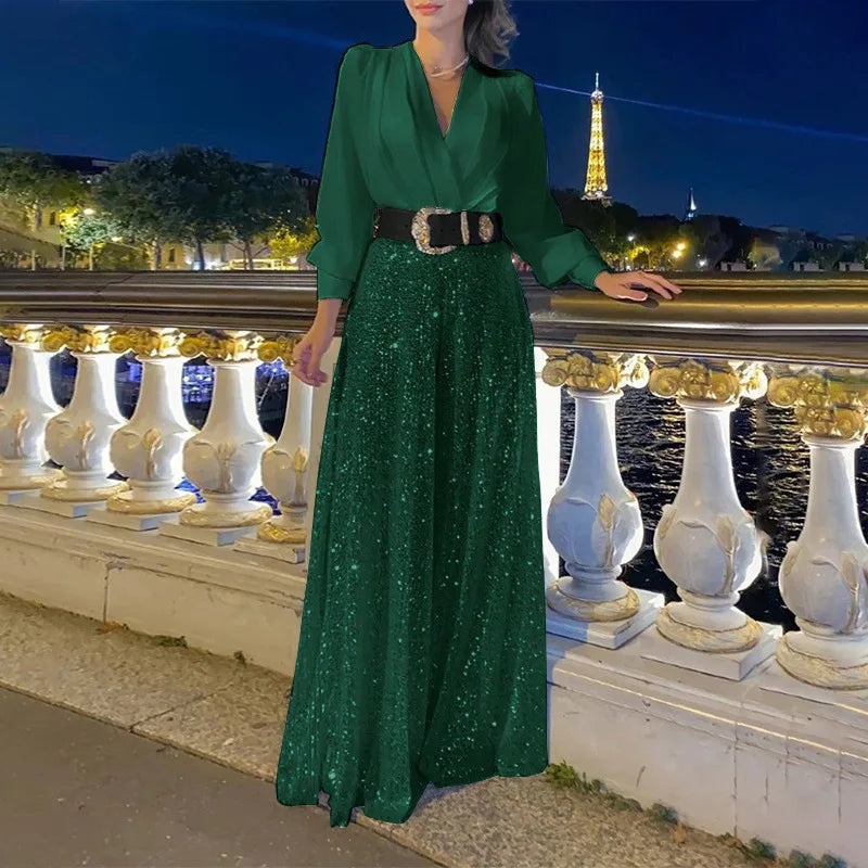Women's Jumpsuit Fashion V-Neck Long Sleeved Shirt with Elegant Temperament and Sequin Wide Leg Pants for Spring/summer 2025.  S-3X