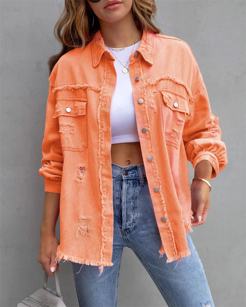Raw-edged Denim Jacket Shirt Style Denim Casual Outerwear.   S-2x