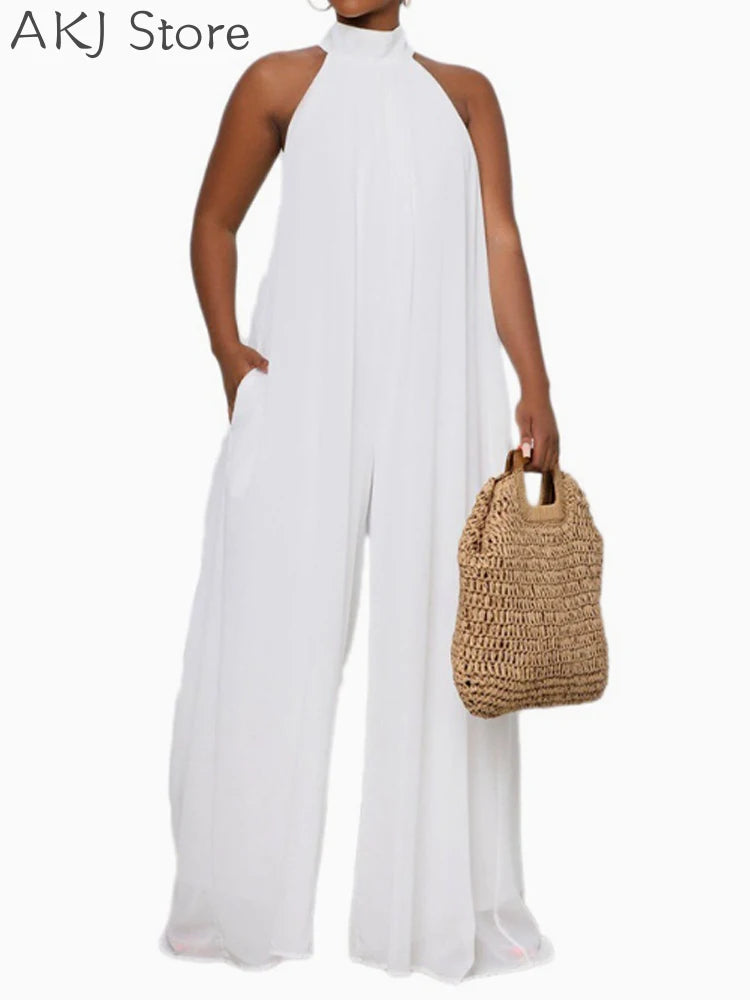 Women High Neck Sleeveless Wide Leg Jumpsuit