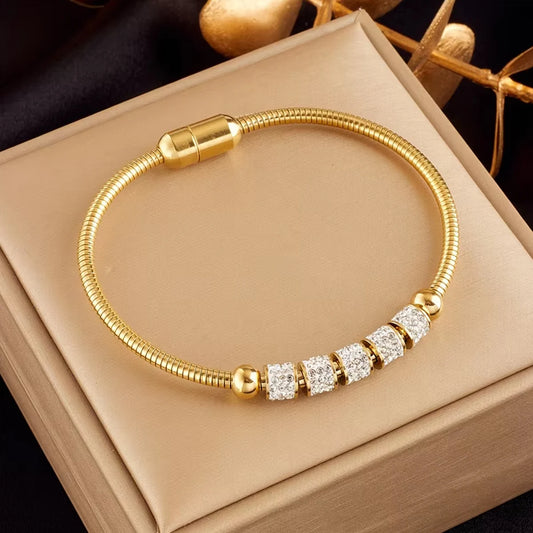 316L Stainless Steel Gold Color Rhinestone Beaded Bracelet For Women Fashion Ladies Magnet Clasp Bangle.