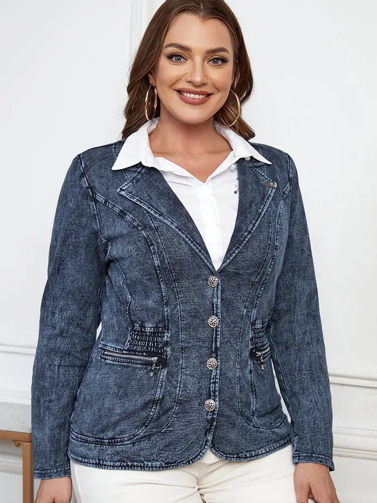 Women's plus Size Casual Denim Jacket Loose Fit Classic Style Button Detailing Long Sleeve