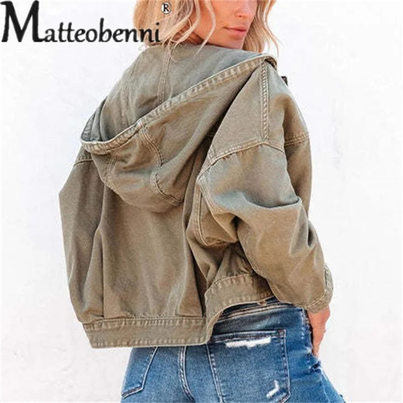 Hooded Denim Women Loose Long Sleeve Single-breasted Denim Short Jacket.  S-XL