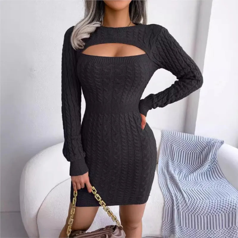 Sexy Hollowed Out Casual Dress Round Neck Long Sleeve Slim Fit Dress.