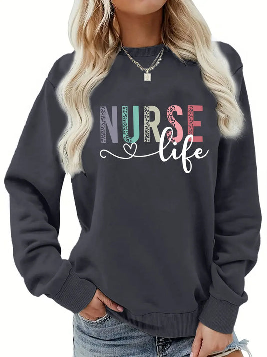 Women's Casual NURSE Print Pullover Sweatshirt  Long Sleeve Round Neck Machine Washable.   S-2X