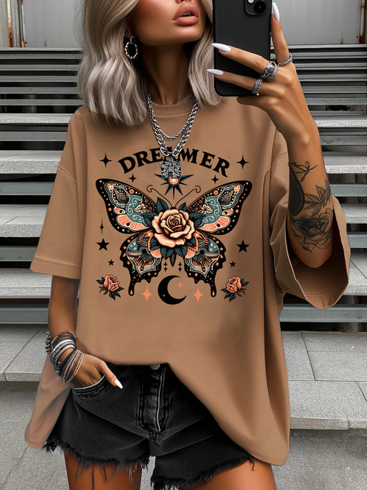 Plus Size Fashion Women's T-Shirt Original Design Butterfly Pattern Printed Casual Round Neck Short Sleeved Top