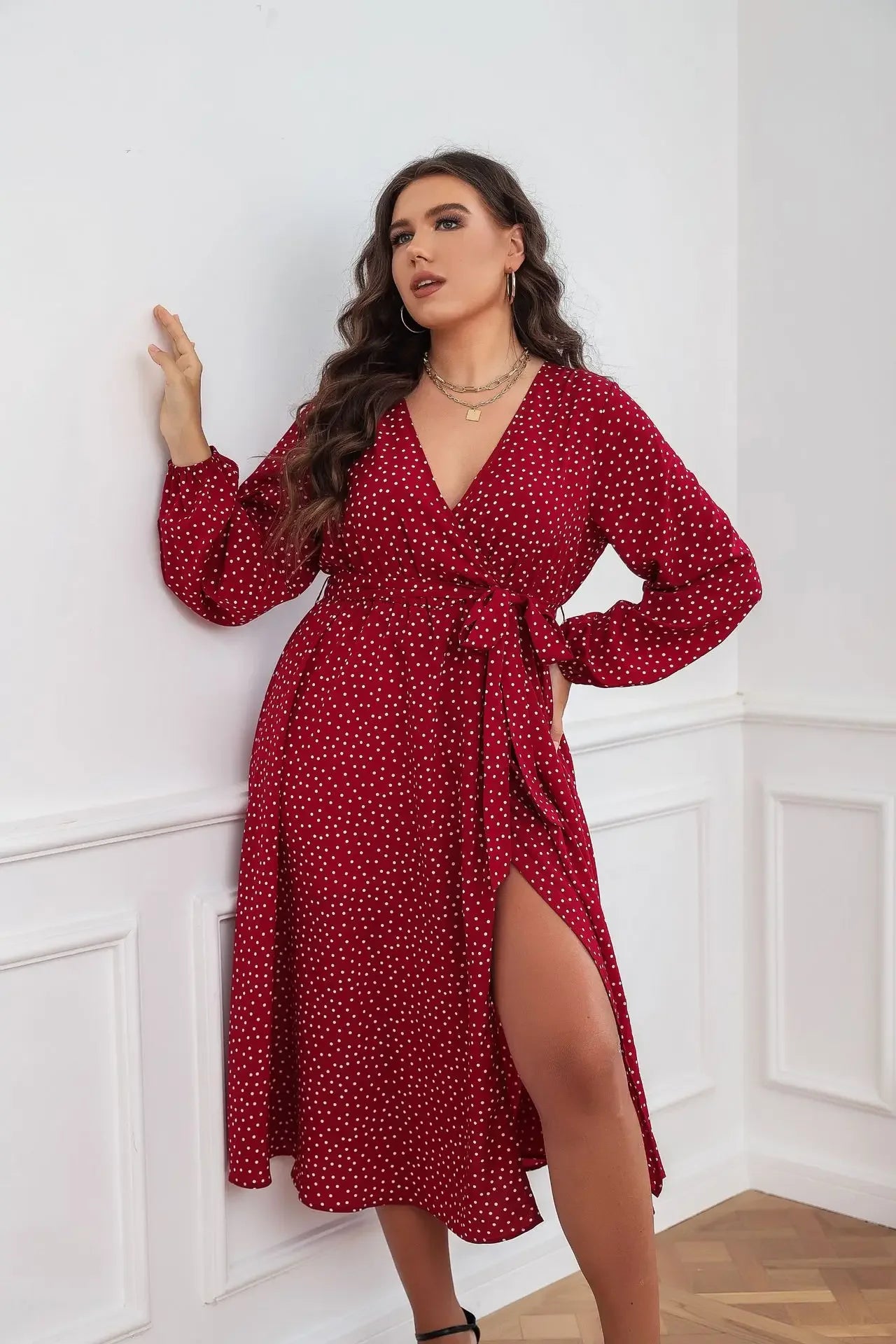 Plus Size Wrap V Neck Dresses Dotted Print Long Sleeves Boho Spring Fall A Line Swing Maxi Dress