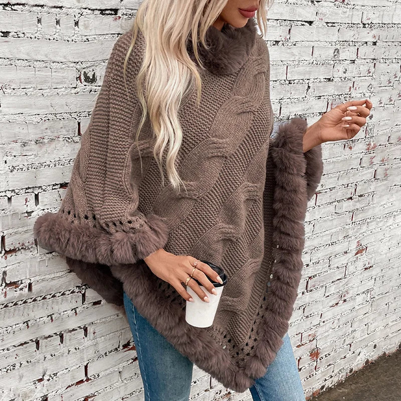 Women Sweater Pullover Fur Collar Cloak Twist Knitted Thick Elegant Splice Autumn Winter Irregularity Poncho