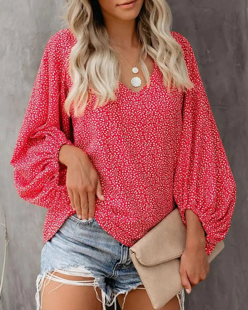 New European V-neck Printed Lantern Sleeve Top.  S-3X