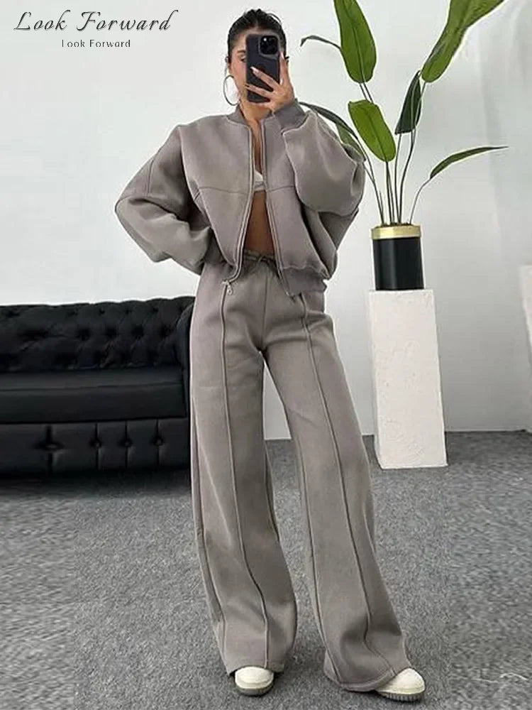 Casual Pants Set Women Spring Autumn Zip Up Jacket Loose Elastic Waist Trousers Suit.