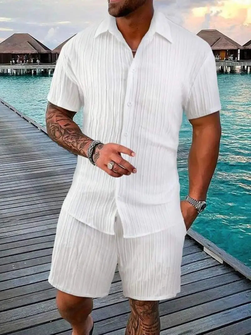 Spring and summer European Style new men's striped jacquard loose shorts and shirt set.   S-3x