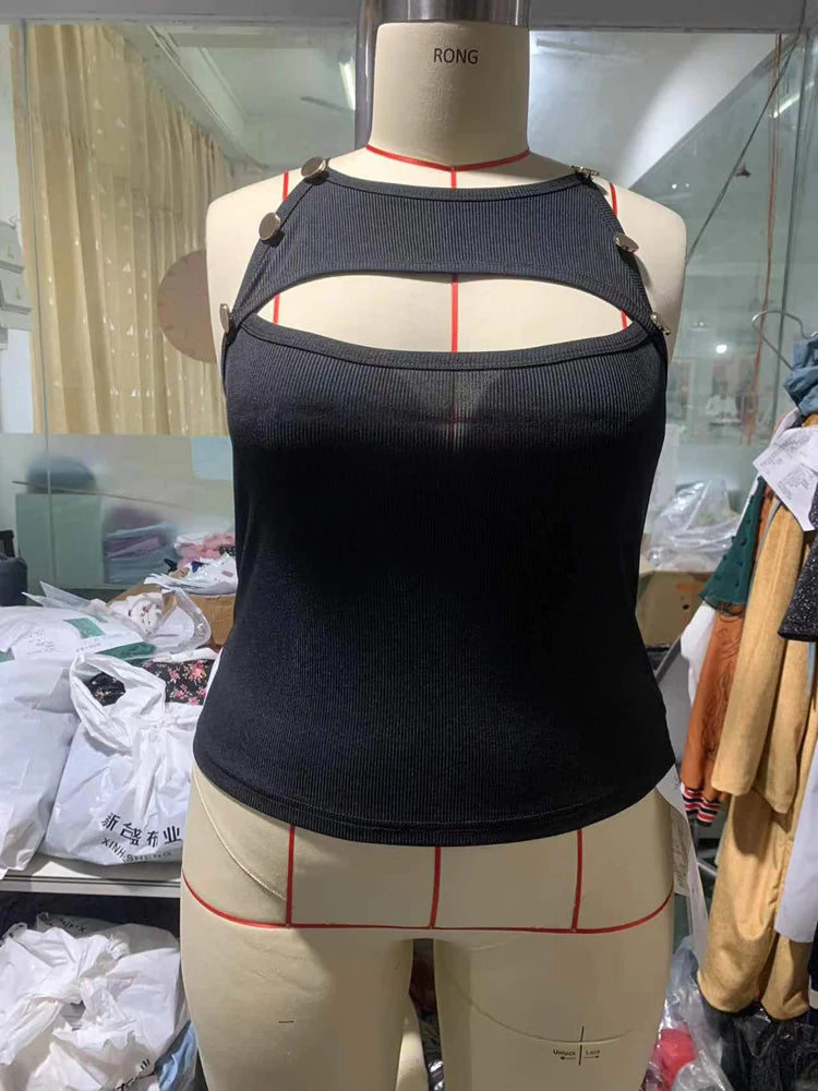 Plus Size 2025 Summer New Front Cutout Button Detail Top
