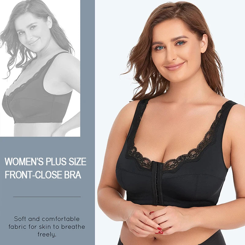 Women Plus Size Sports Bra Front Closure Full Coverage Lace Underwear Thin Mold Cup Bras Back Support Shapewear Wide Strap Vest
