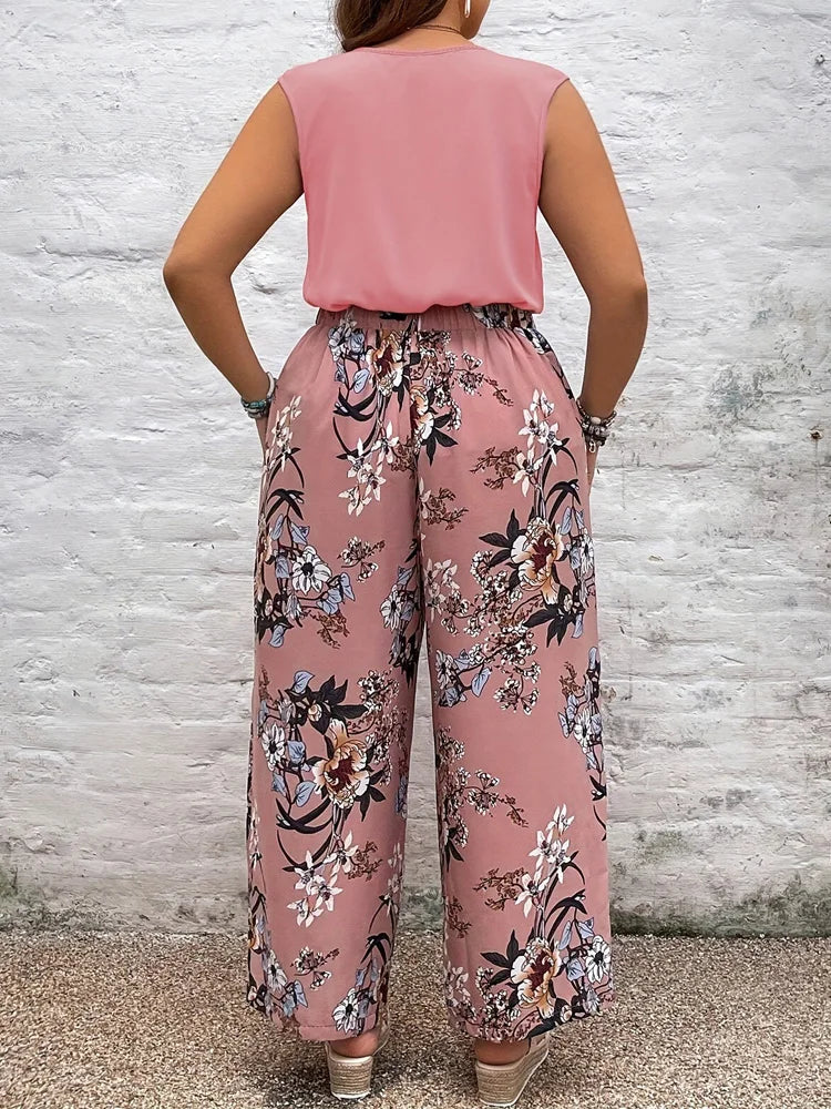 Plus Size Pants Set Woman Casual V-Neck Sleeveless Top Floral Print Tie Front Elastic Waist Trousers.