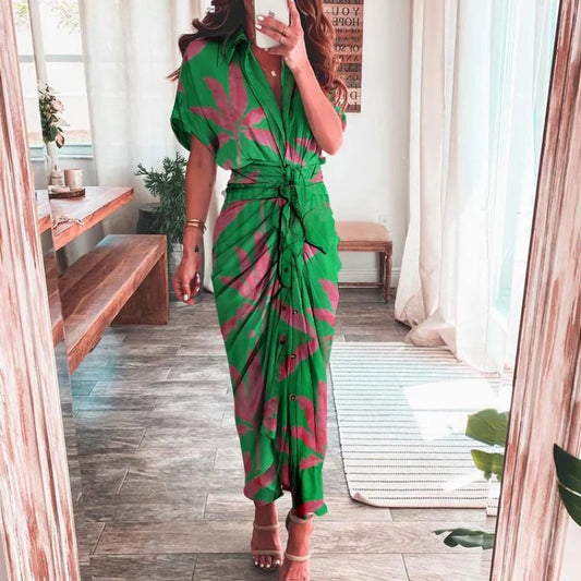 Summer Fashion Printed Short Sleeve Dress Vintage Waist Tie-up Button Bandage Long Dress.  S-3x