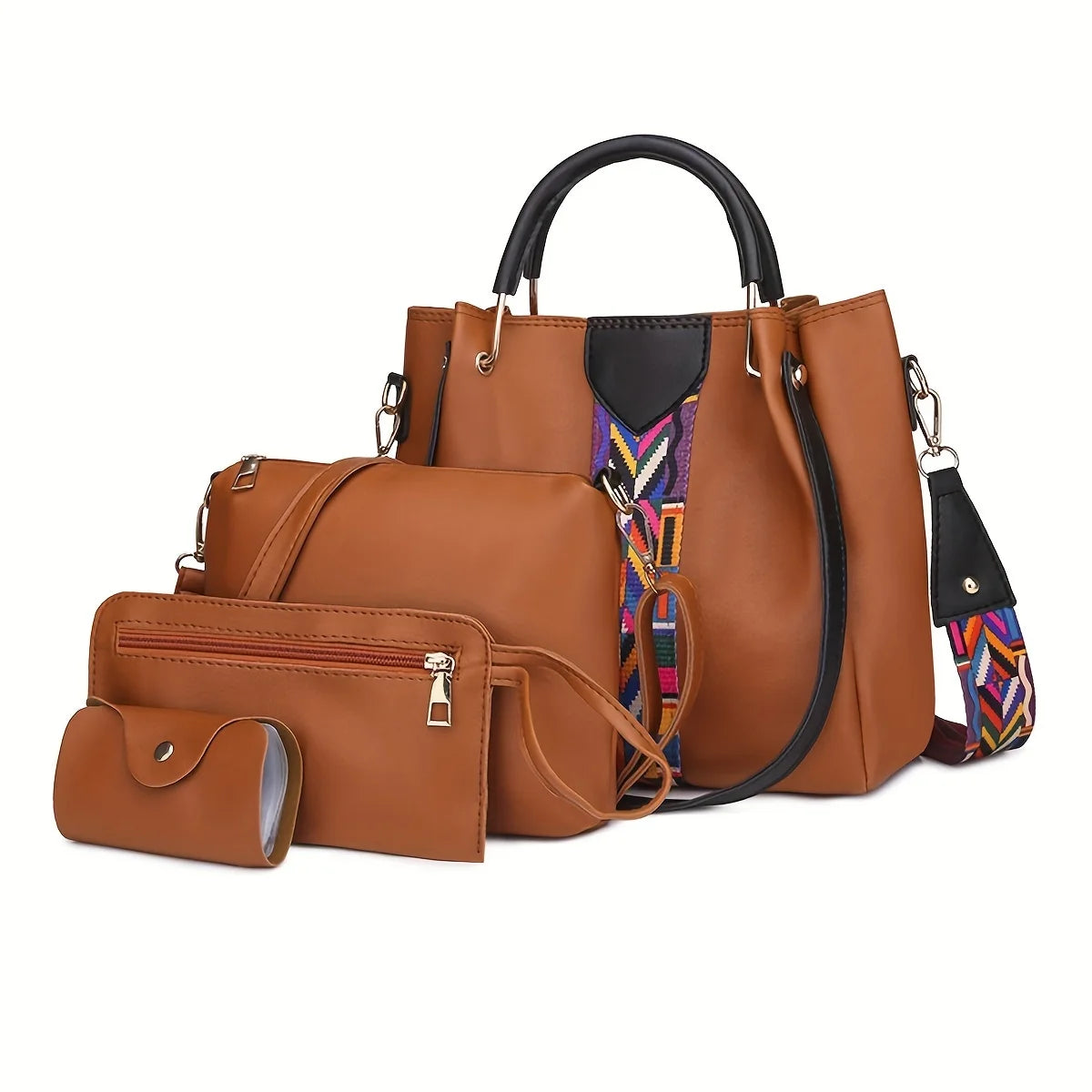 4pc Large Capacity Luxury Women's Shoulder Bag Fashion Coloured Ribbon Patchwork Tote Bag