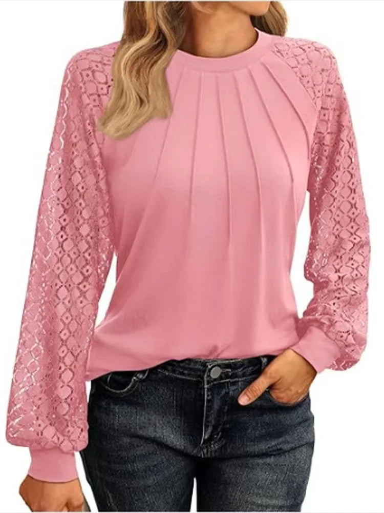 Elegant Lace Pleated Solid Colour Shirt Women's Round Neck Lantern Long Sleeved Blouse .  S-2X