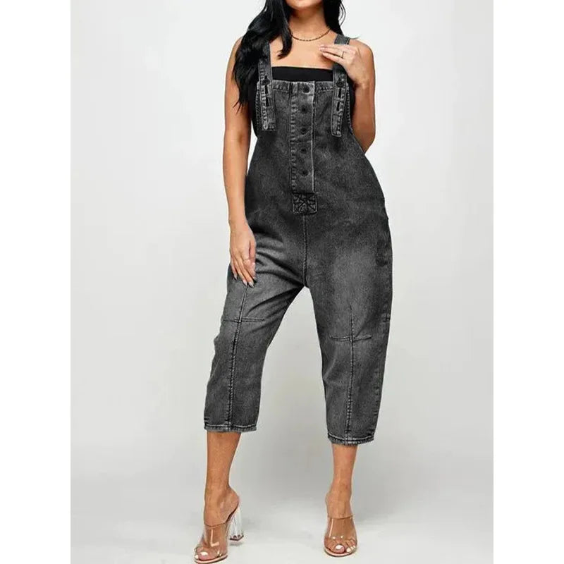 Women One Piece Denim Overalls Sleeveless Straight Romper Casual  Ladies Jumpsuit.  S-3X