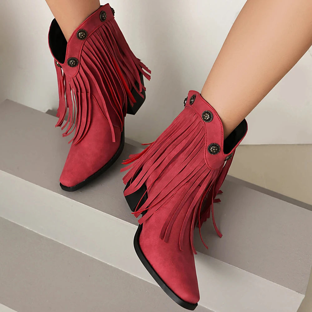 Cowboy Short Boot For Women PU New Tassel Chunky Heel Western Fashion Slip-on  Boots