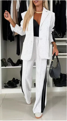 Women's Fashion Latest Striped Side Sporty Tape Notched Collar Front Button Blazer Wide-Leg Pants  Set