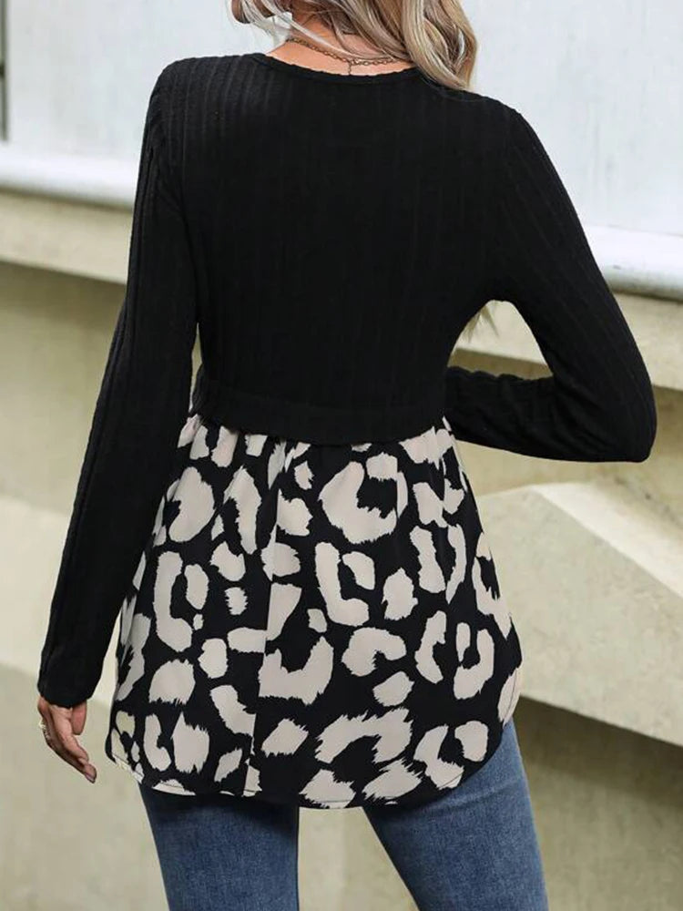 Women Autumn Round Neck Leopard & Knit Patchwork Long Sleeve Top S-XL