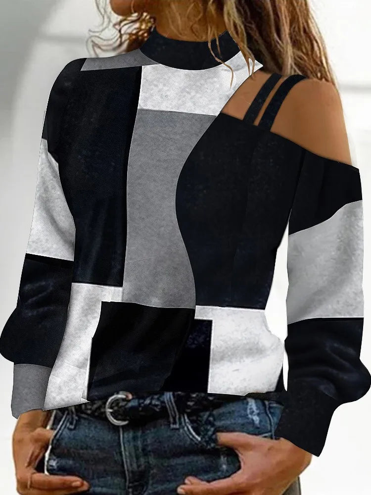 Fashion Sexy Off Shoulder Print Tops Women Elegant O-neck Long Sleeve Blouse.  S-3X