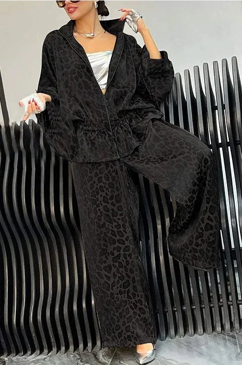 Fashion Leopard Print Casual Lace-up Waist Women's Suit New Loose Wide-leg Pants Elegant 2 Piece Set.  S-3X