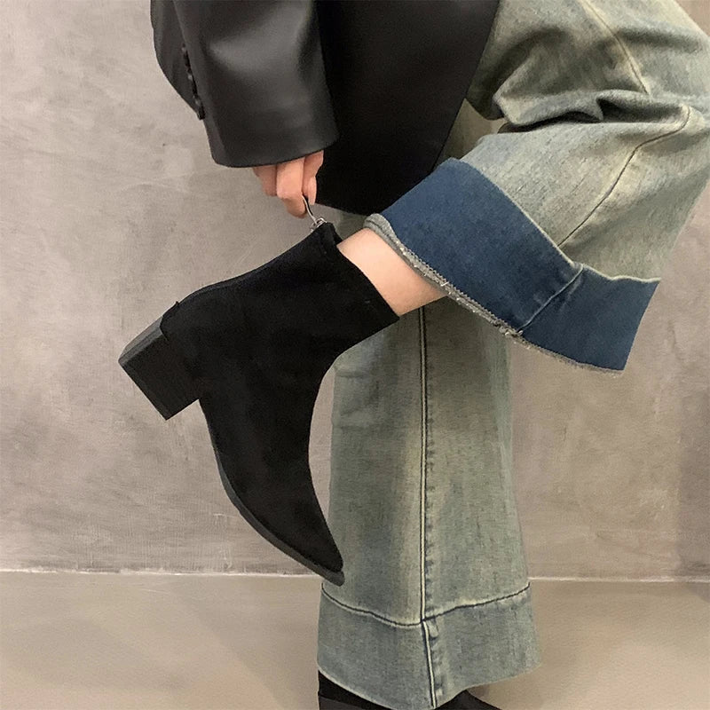 Designer Leopard Women Ankle Boots Fashion Pointed Toe Short Booties Ladies Concise Square Heels Shoes