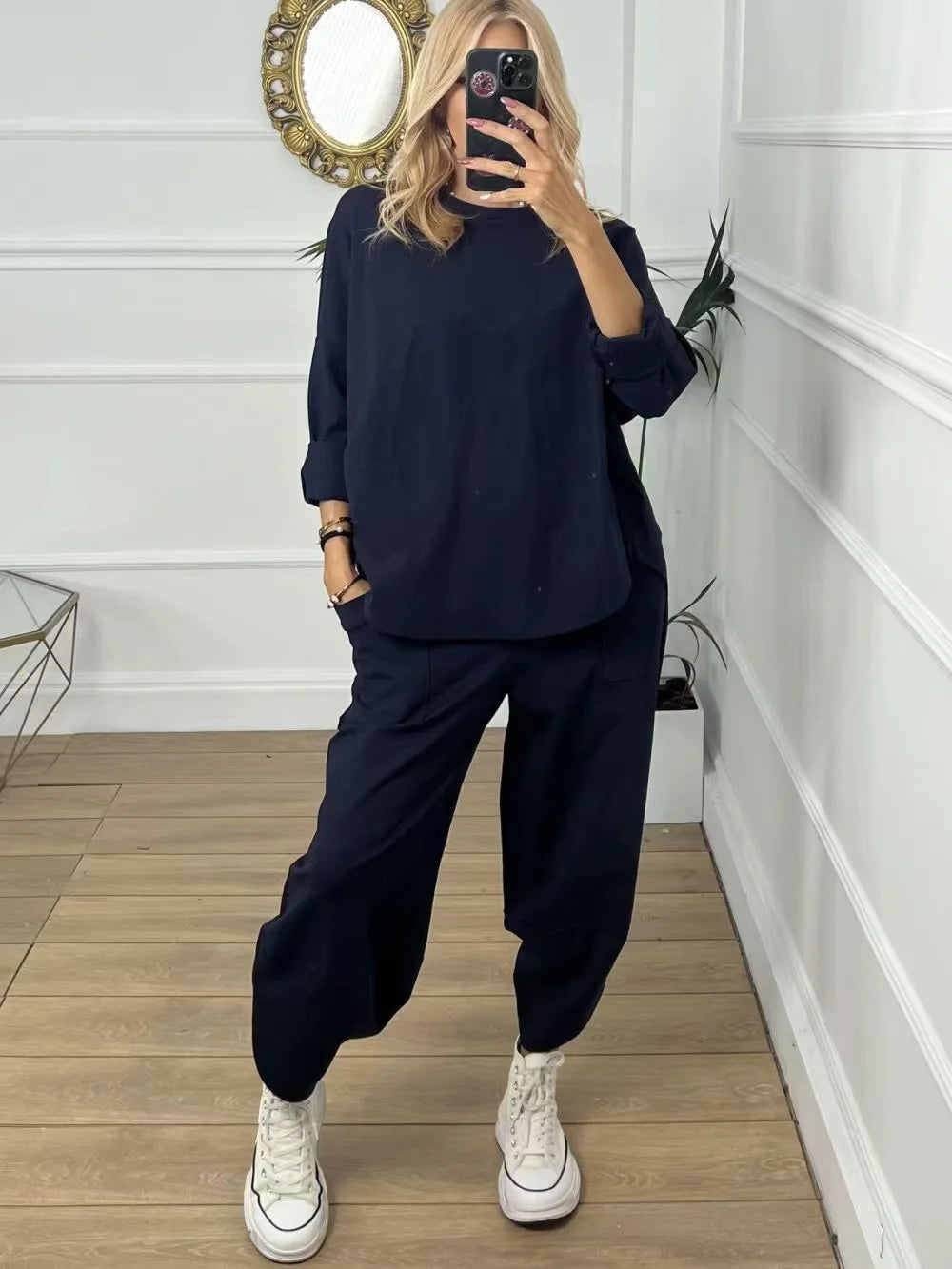Solid Pullover Two Piece Set O Neck Top, Long Pants Tracksuit Retro Loose Sport Suit.  S-3X