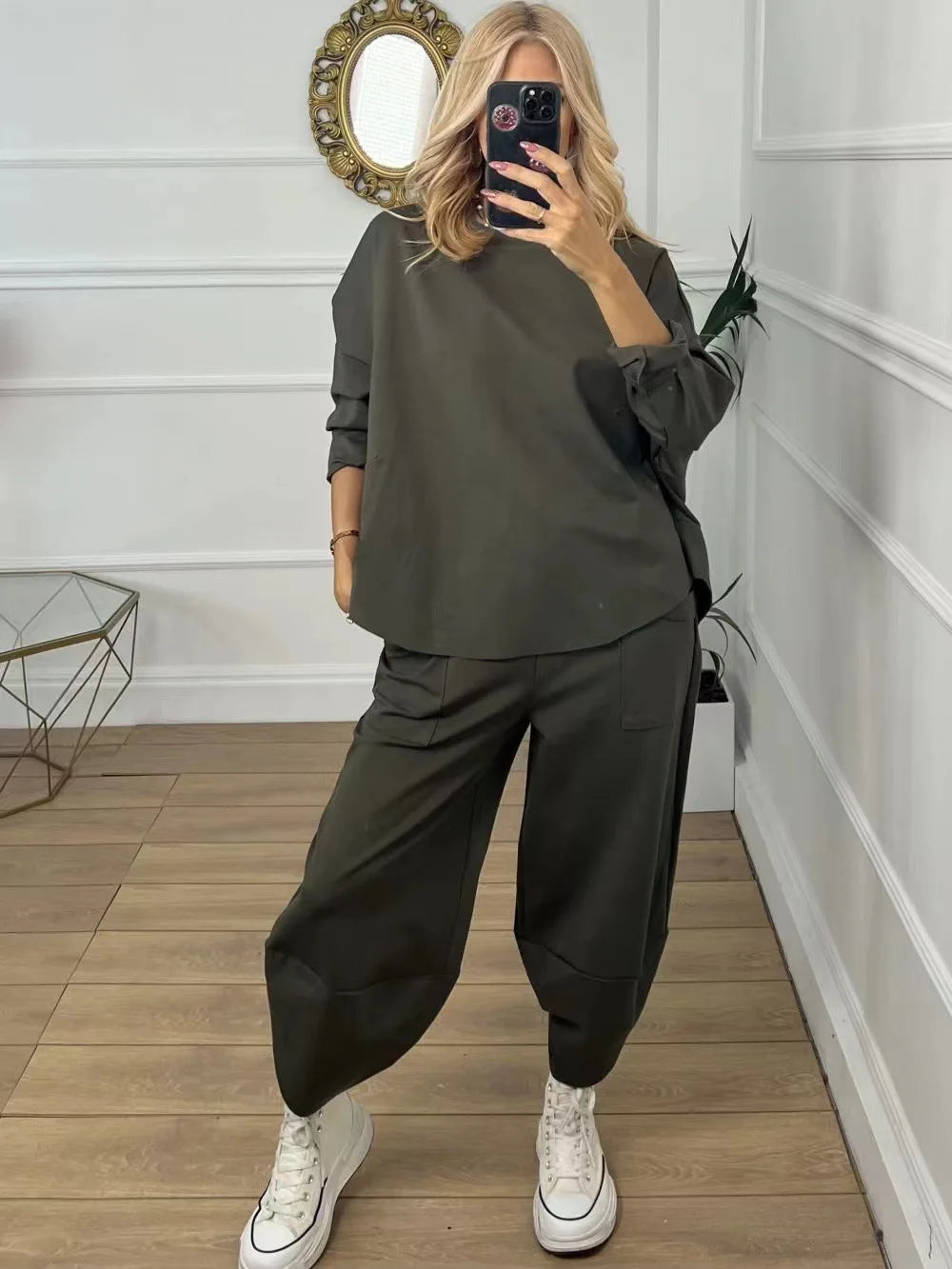 Solid Pullover Two Piece Set O Neck Top, Long Pants Tracksuit Retro Loose Sport Suit.  S-3X