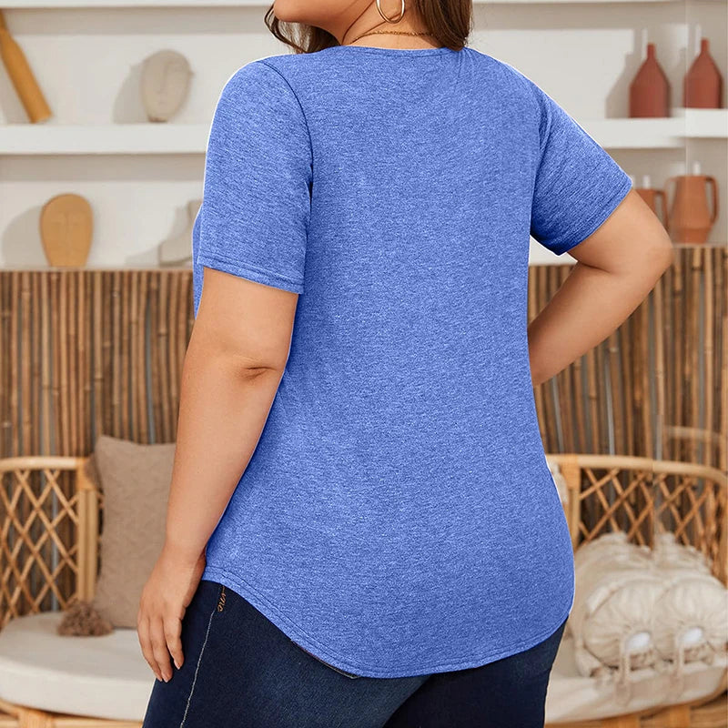 Plus Size Woman Solid Colour Short Sleeve T-shirt Elegant Pleated Square Neck Casual Tee