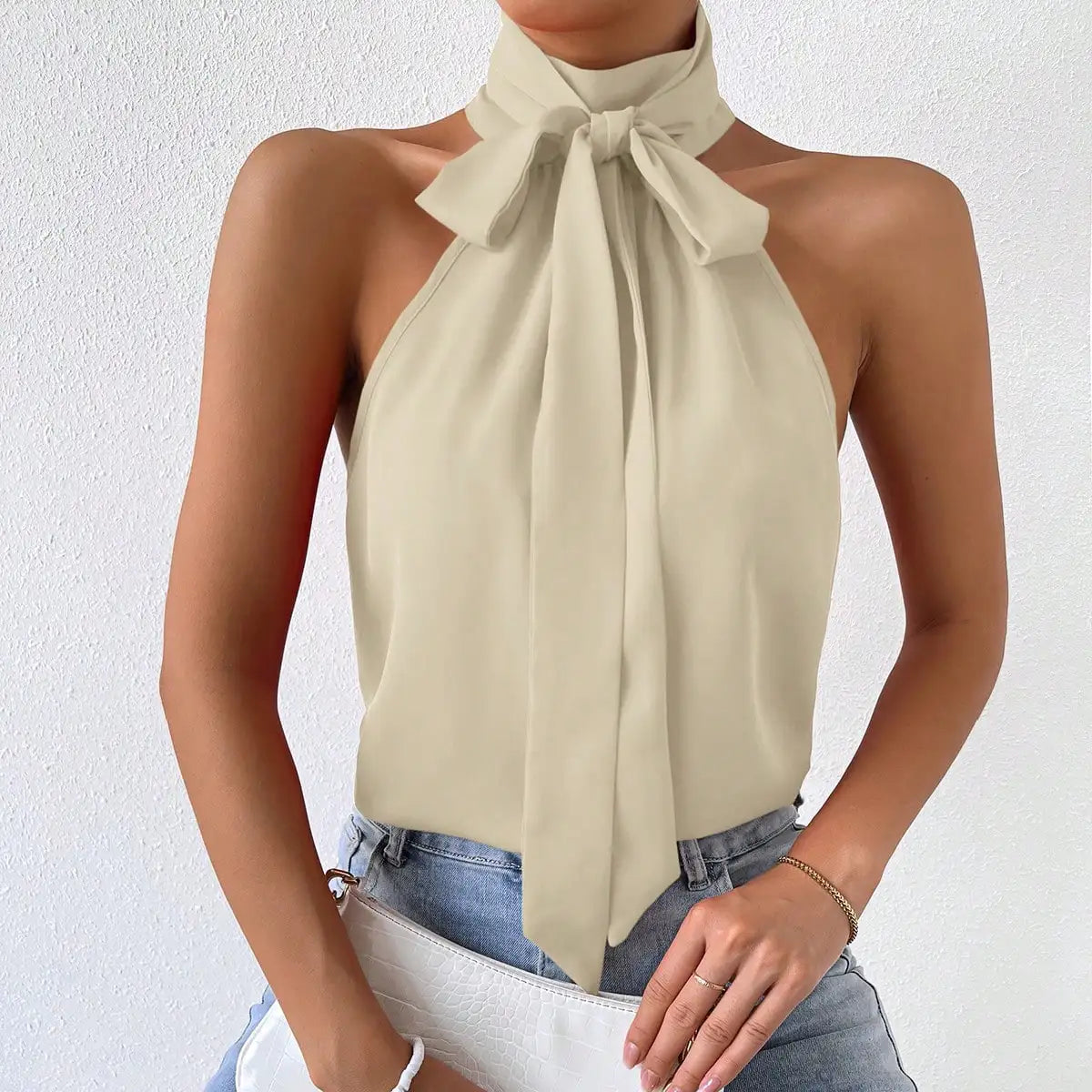 Stylish and elegant women's halter sleeveless knot off-the-shoulder sexy women's shirt.  XS-L