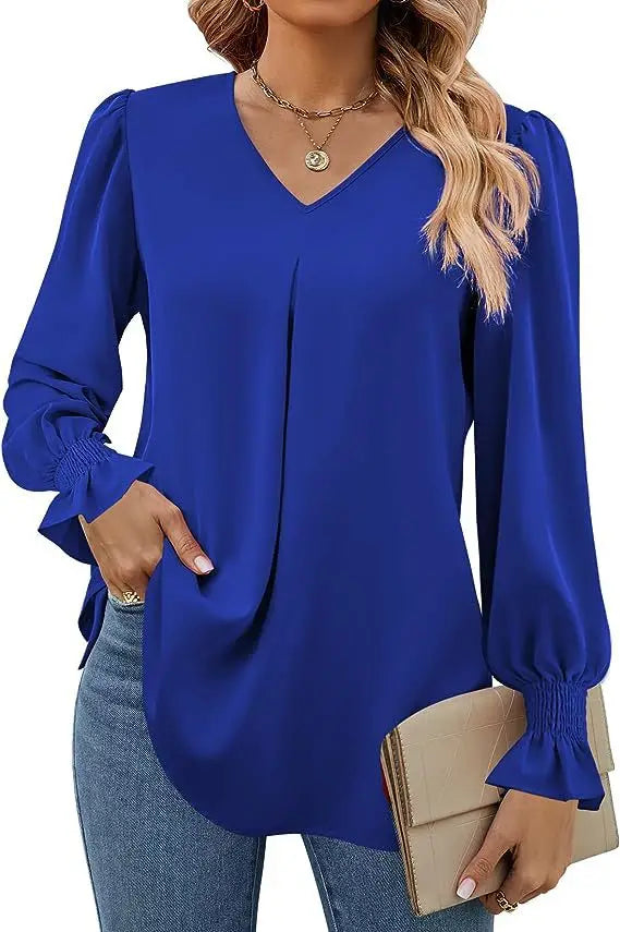 Women's Solid Colour Chiffon Shirt V-neck Long Sleeved Top Elegant Loose Blouse.  S-2X