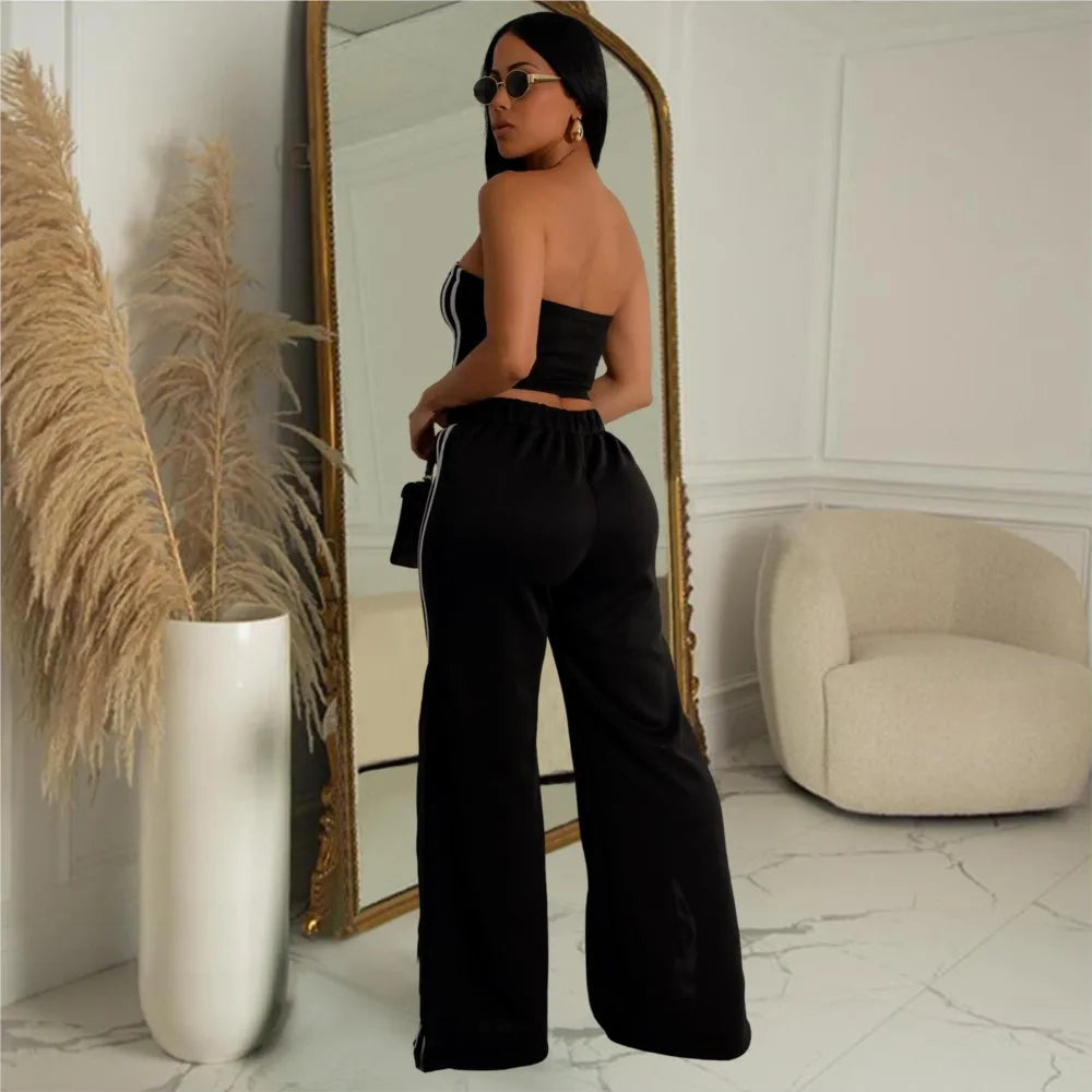 Women's Sexy Sleeveless Wide-leg Pants Two-piece Summer New Female Casual Solid Color Striped Top Long Pant Suit 2025.  S-2x