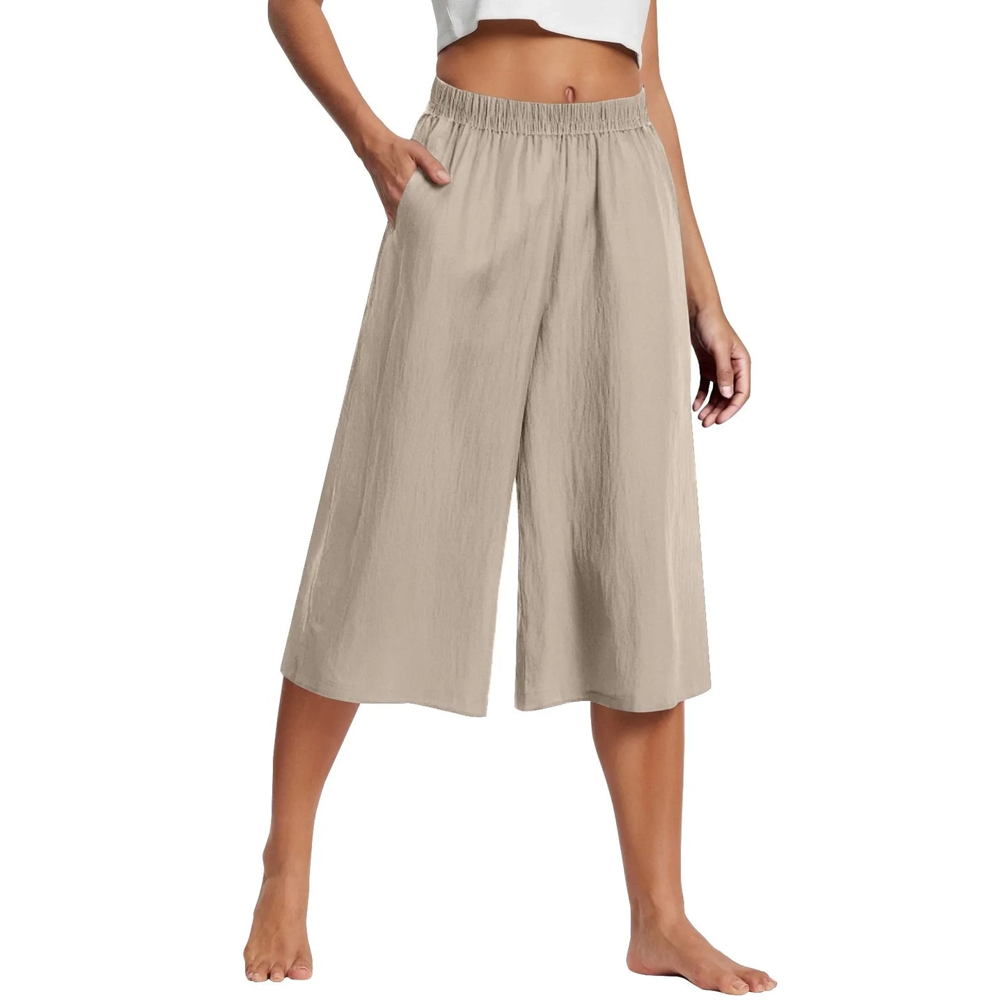 Plus Size Casual and Versatile Lazy Style Wide Leg With Pockets Lightweight High Waist Loose Cropped Capris.   L-3X