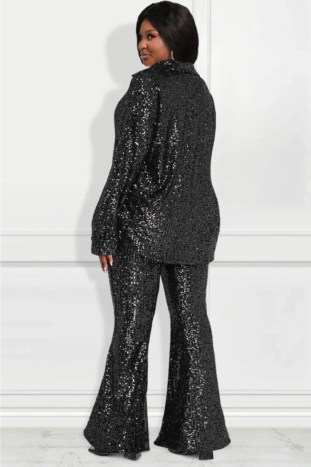 Plus Size Women Two Piece Set Sequin Flare Sleeve V-Neck Top and Wide Leg Pants Matching Set.