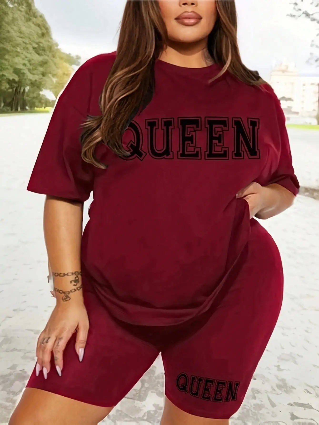 Plus size fashionable all-match shorts short-sleeved queen letter print simple and comfortable two-piece