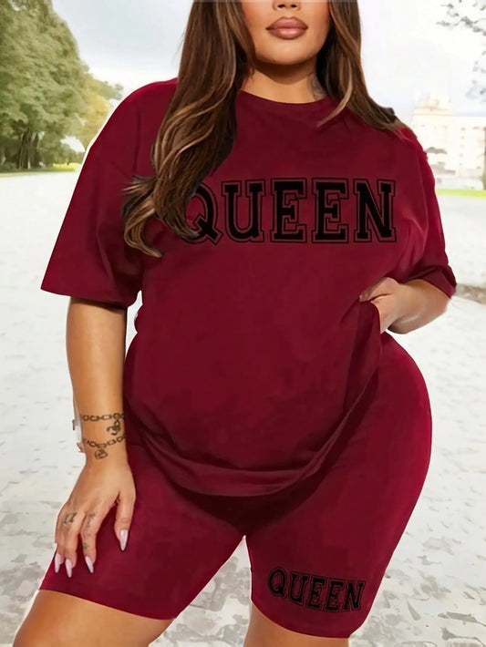 Plus size fashionable all-match shorts short-sleeved queen letter print simple and comfortable two-piece
