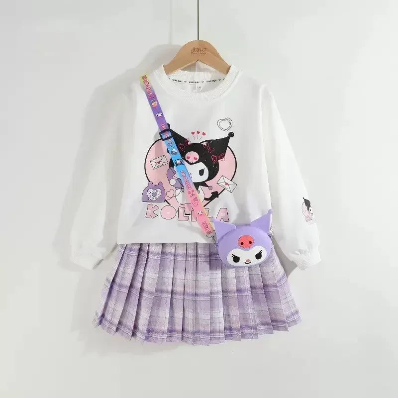 Kids Clothes Set Spring Autumn Children Kuromi Long Sleeved Sweater Tops+Checkered Pleated Skirt 2pce Teen Girls Preppy Clothing