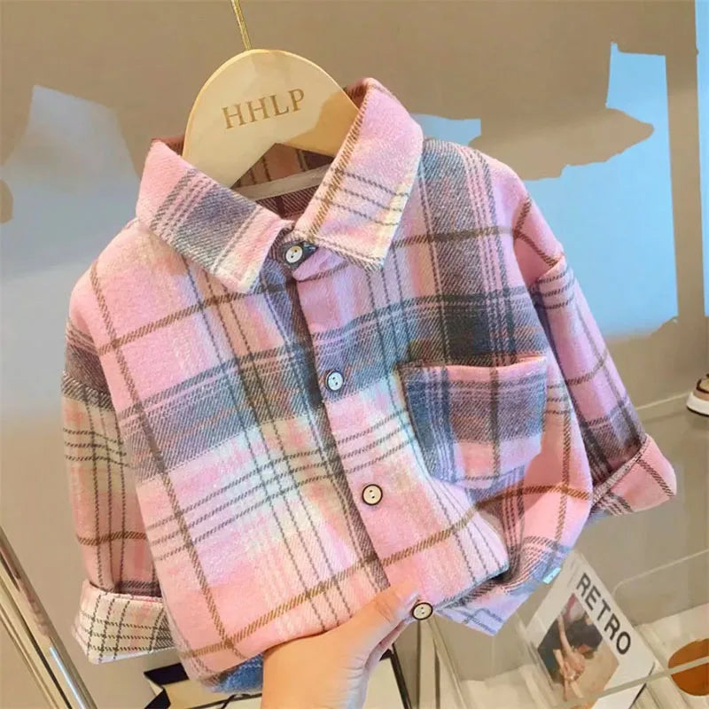 Autumn Children's clothes Unisex Casual Retro Lapel Shirt Long Sleeves Single-breasted Plaid Shirts.