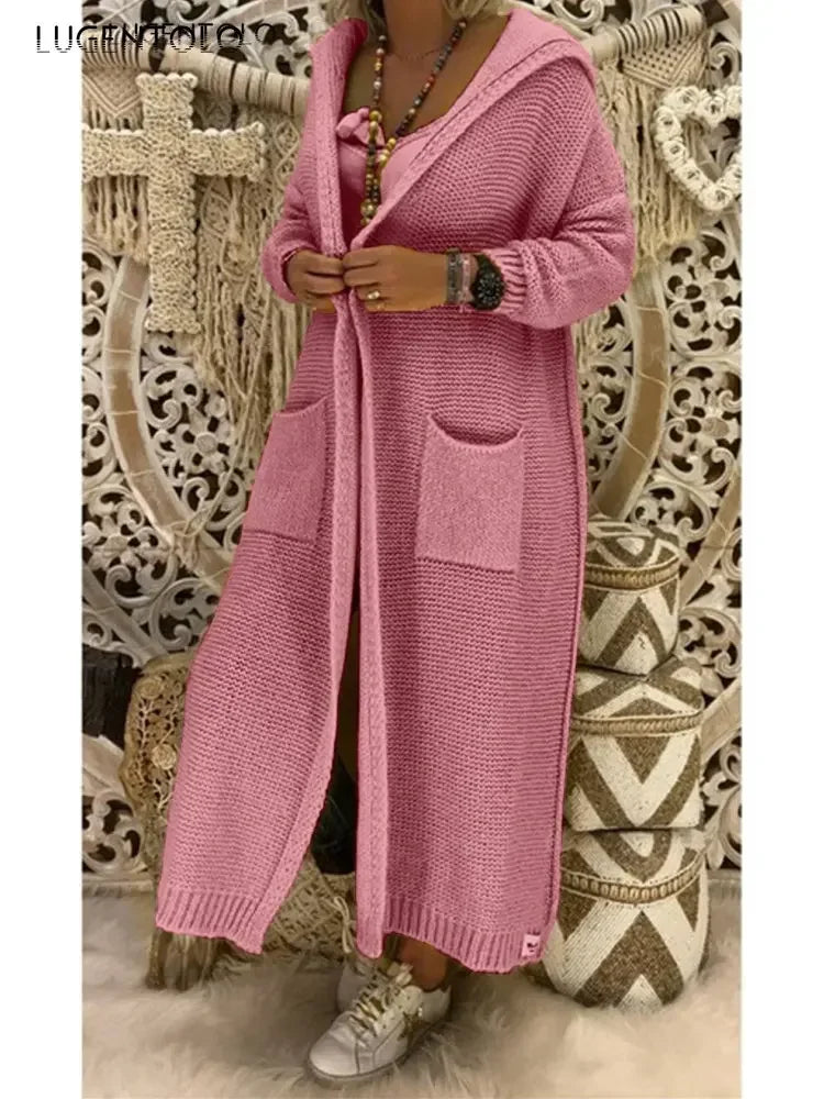 Long Sweater Women Knitted Cardigan Autumn Winter Solid Color Loose Hooded Pocket Casual Fashion Sweater.