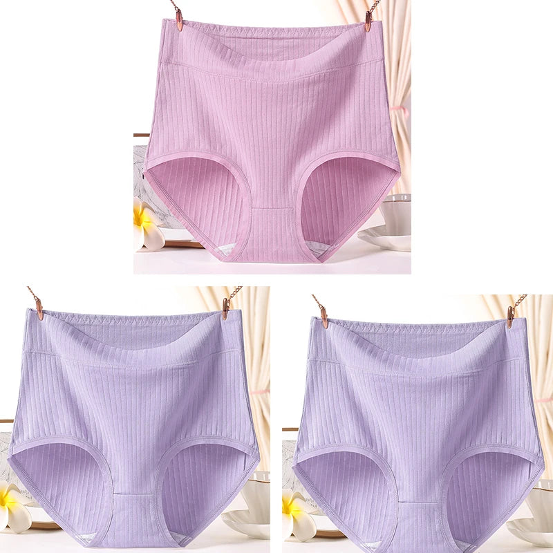 3pcs Ladies Plus Size High Quality Cotton Panties High Waist Breathable Briefs Solid Colour.