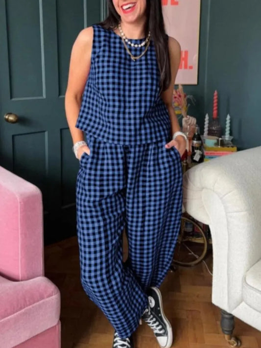 Women Pant Set Fashion Plaid Print Sleeveless Top Loose Pants Two Piece Casual Outfit.  S-2X