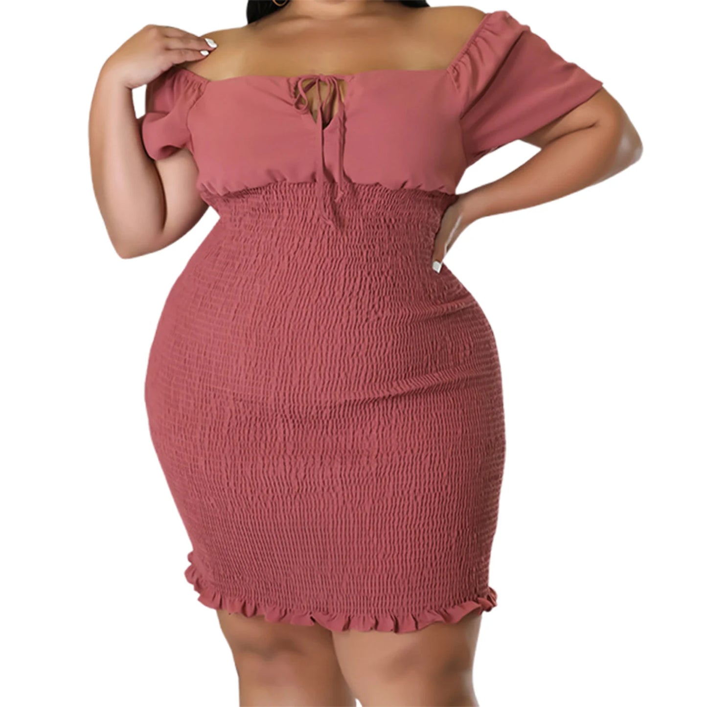 Summer Womens Plus Size Dress Sexy Short Sleeve Off Shoulder Ruffles Bodycon Sexy Solid Dress